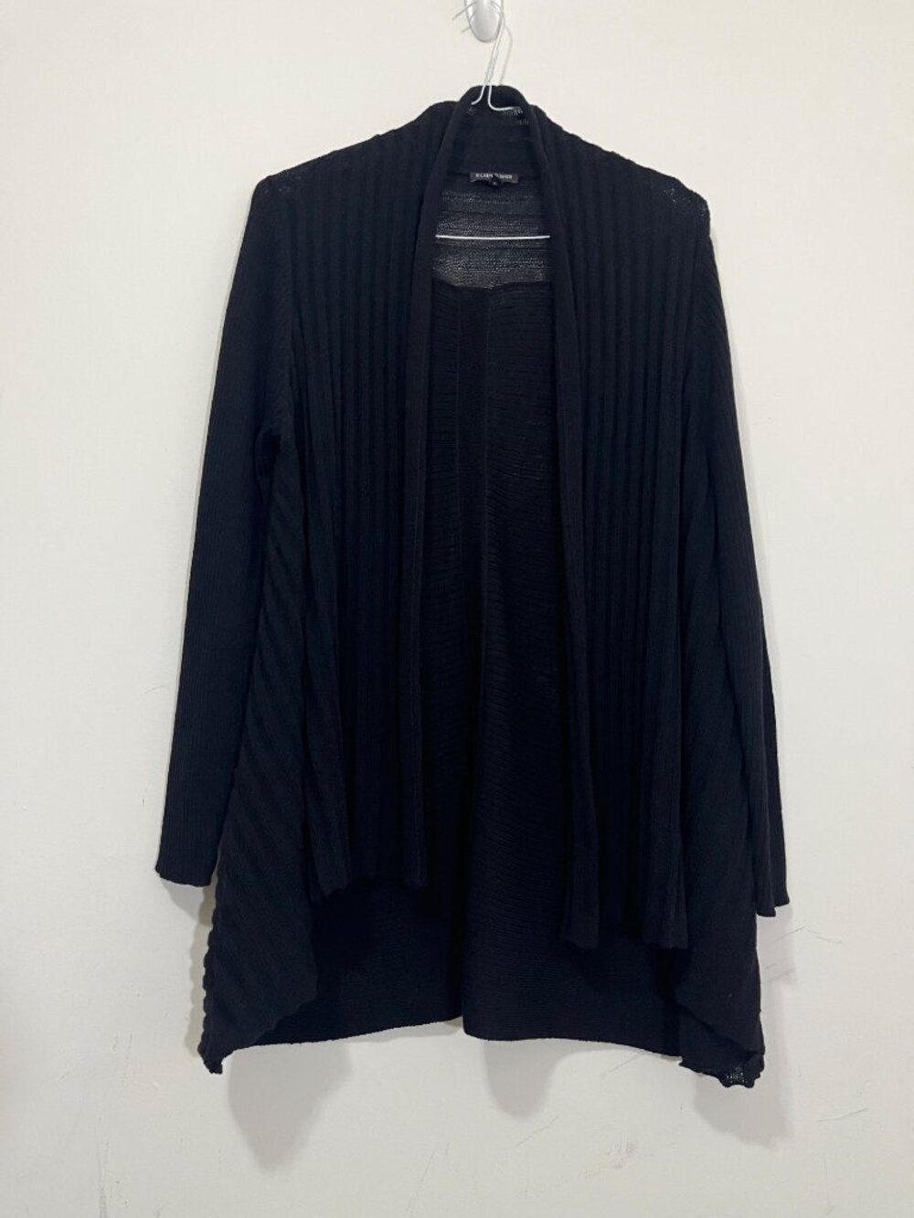 Eileen Fisher 100% Wool Black Open Cardigan Sz L Draped Minimalist Quiet Luxury